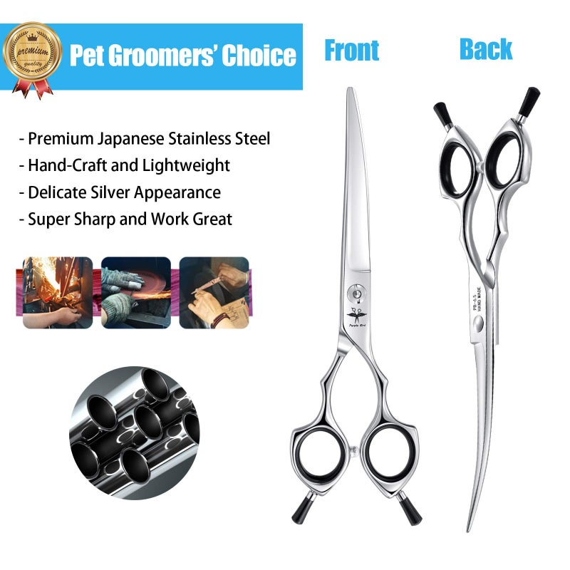 PURPLEBIRD 6.5 Inch Downward Curved Dog Grooming Scissors Pet Cutting Shears Professional Safety Blunt Tip Trimming Shearing for Dog Cat Face Paw Limb Japanese Stainless Steel Silver - Image 4